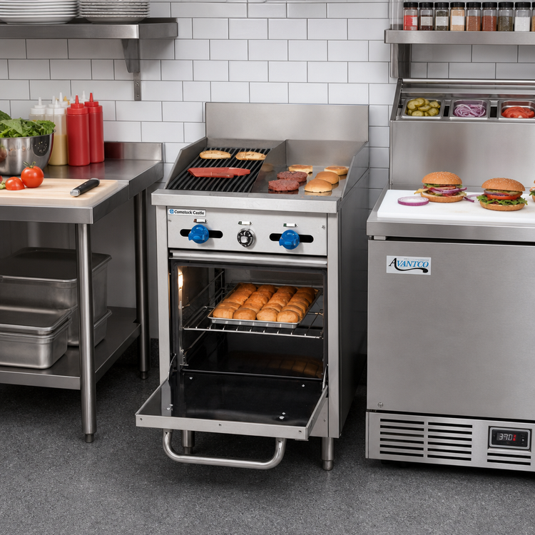 Product image #2 for Comstock-Castle 24-Inch Wide Commercial Gas Range with 12-Inch Griddle, 12-Inch Char-Broiler, and Space-Saver Oven