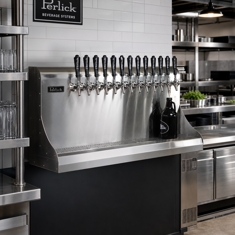 Product image #2 for Perlick 12-Faucet Modular Wall-Mount Glycol-Cooled Draft Beer Dispensing Tower, 36 Inch Wide, Bottom Exit