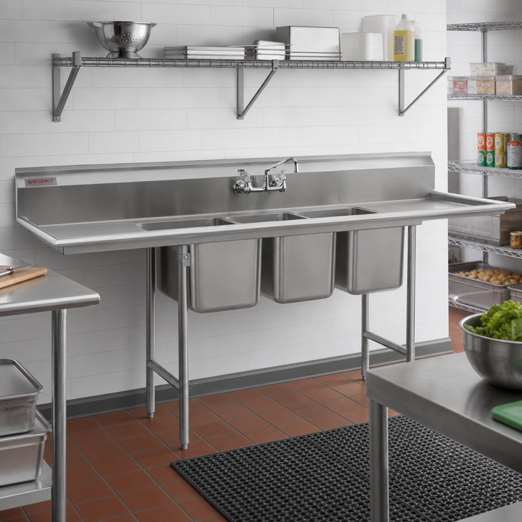 Product image #2 for Commercial Three-Compartment Coved Corner Sink with Left and Right 24-Inch Drainboards