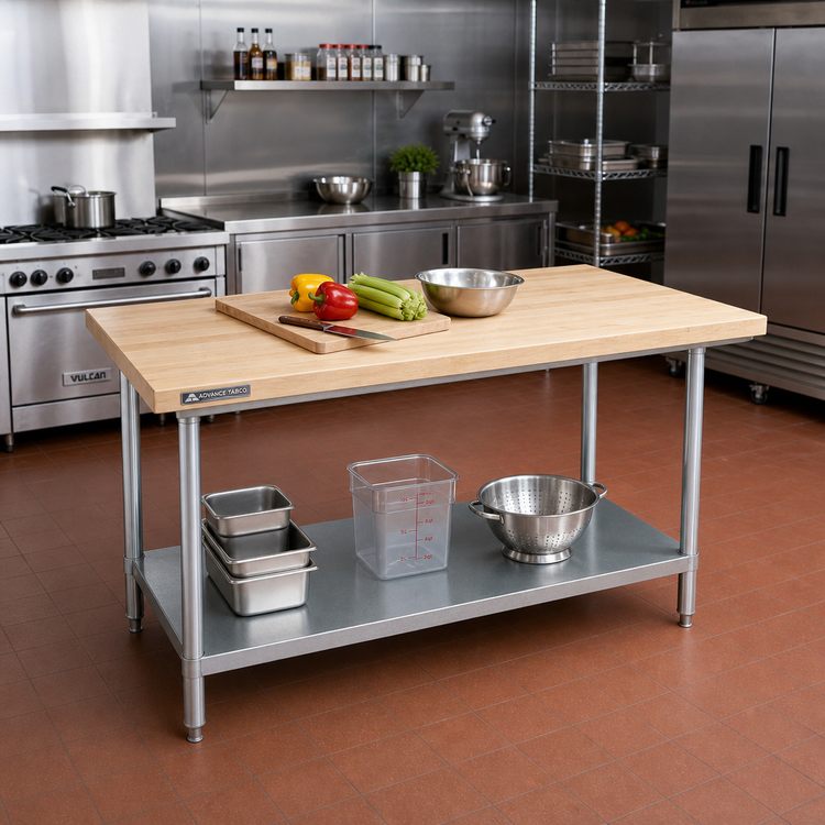 Product image #2 for Advance Tabco 60 Inch x 24 Inch Laminated Hard Maple Wood Top Work Table with Galvanized Base and Adjustable Undershelf