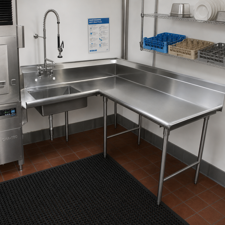 Product image #2 for Advance Tabco Korner Right-Hand L-Shaped Soil Dishtable with Pre-Rinse Sink, 83-Inch Long, 14-Gauge 304 Stainless Steel