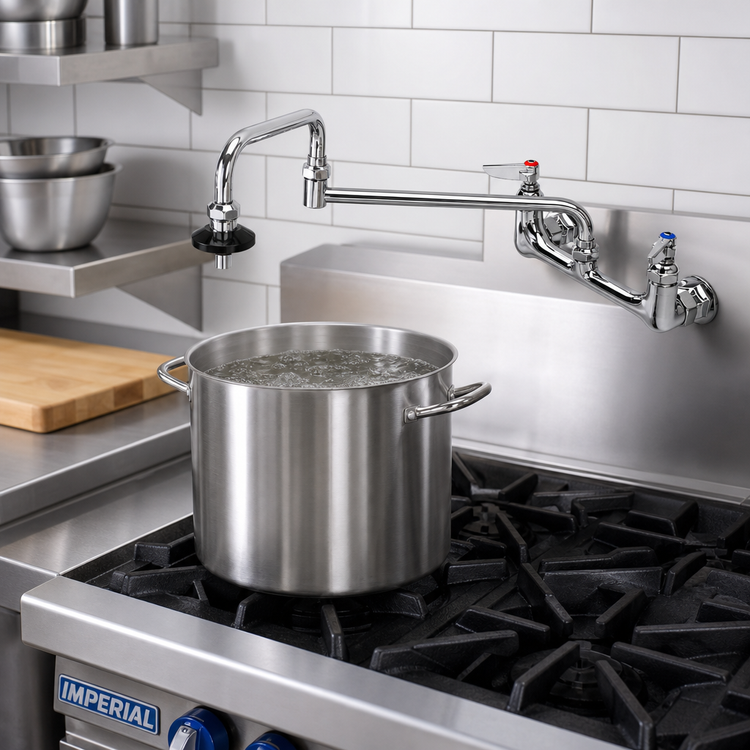 Product image #2 for T&S Brass Wall-Mount Pot & Kettle Filler Faucet with 18-Inch Double-Jointed Swing Nozzle, 8-Inch Centers