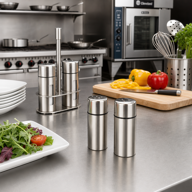 Product image #2 for American Metalcraft 1-1/2 oz Round Stainless Steel Salt and Pepper Shaker Set, 3-1/2 in. H