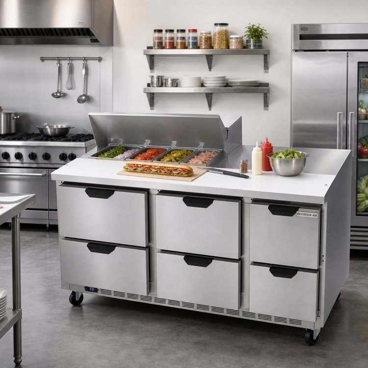 Product image #3 for Beverage-Air SPED72HC-08-6 72-Inch Three-Section Sandwich Top Refrigerated Prep Table with 6 Drawers and 8-Pan Opening