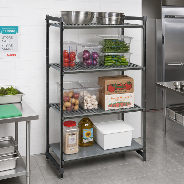 Product image #2 for Cambro Camshelving Basics Plus 30"W x 24"D x 72"H 4-Tier Stationary Starter Unit with Vented & Solid Shelves, Brushed Graphite