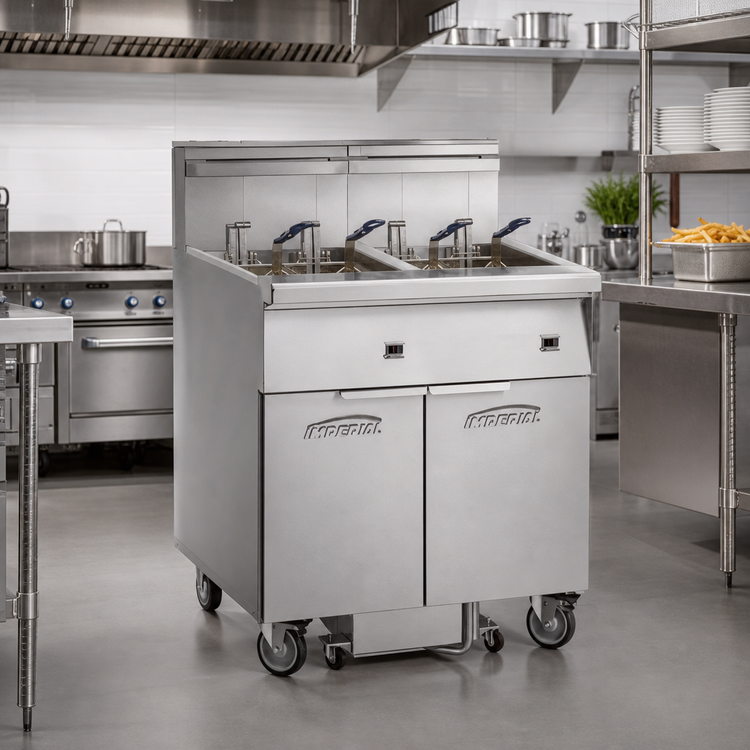 Product image #2 for Imperial Electric Floor Fryer, 6-Tank Battery, 50 lb. Per Tank, Built-In Space Saver Filter System