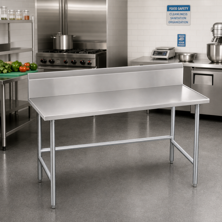 Product image #2 for Advance Tabco 72-Inch x 30-Inch 14 Gauge 304 Stainless Steel Work Table with 10-Inch Backsplash, No-Drip Edge, and Galvanized Open Base