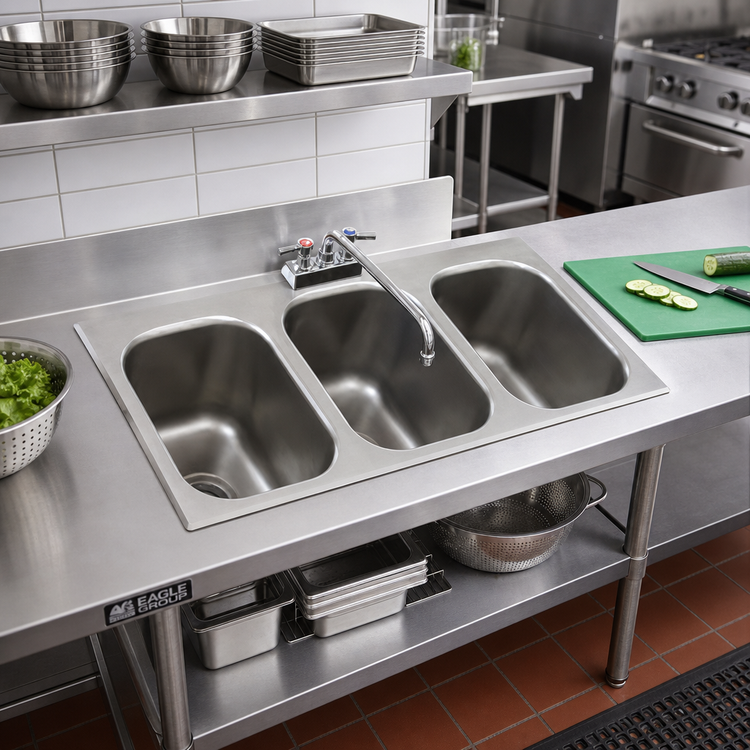 Product image #2 for Eagle Group Three-Compartment Self-Rimming Drop-In Sink with 10 x 14 x 9-1/2 Inch Bowls, Faucet, and Basket Drains