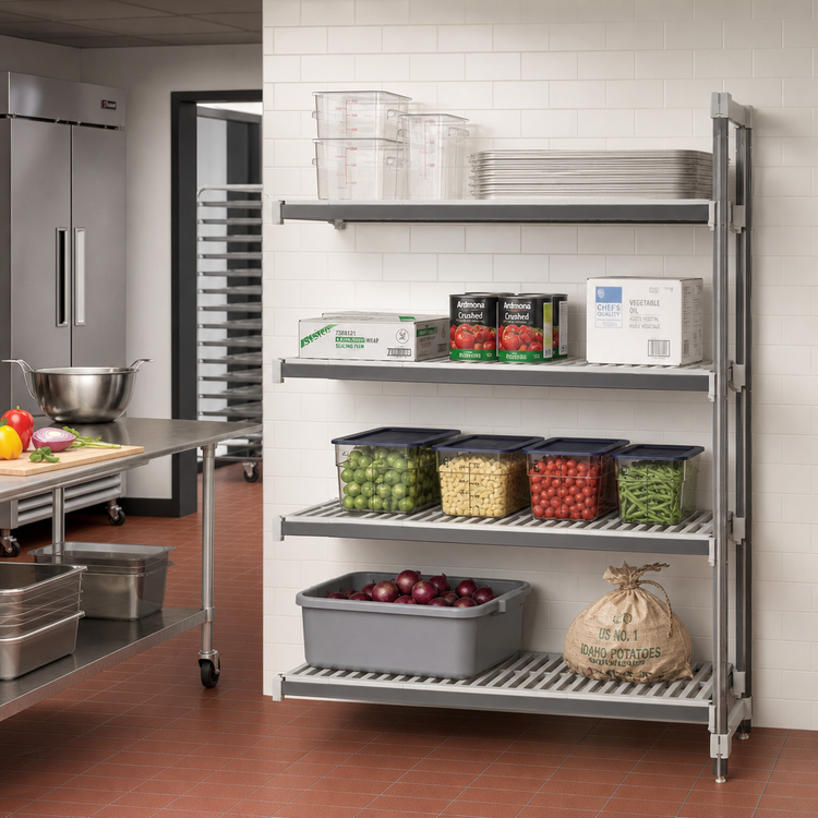 Product image #2 for Cambro Camshelving Elements XTRA 18" x 60" x 84" Stationary Add-On Unit, 4-Tier Vented Polymer Shelving, Speckled Gray