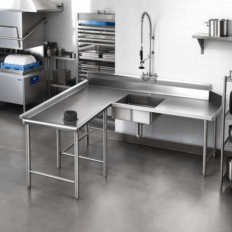 Product image #2 for Eagle Spec-Master Left-Hand Island Soiled Dishtable with Pre-Rinse Sink, 72-Inch Machine-to-Corner x 60-Inch Corner-to-End, 14/304 Stainless Steel