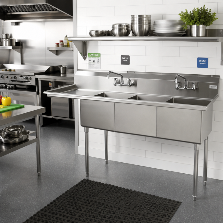 Product image #2 for 3-Compartment Stainless Steel Commercial Sink with Left Drainboard, 62-1/2" W x 20-1/2" D