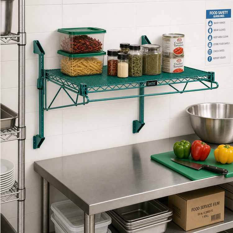 Product image #2 for Quantum Wall-Mount Cantilever Single Shelf Kit, 36 x 14 Inch, Green Epoxy Antimicrobial Finish