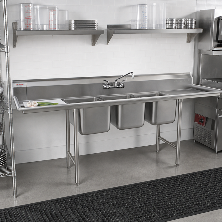Product image #2 for Eagle Group 414 Series Coved Corner Three-Compartment Sink with Dual 18-Inch Drainboards