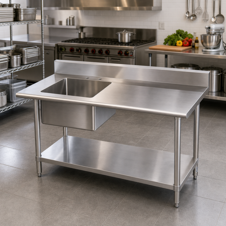 Product image #2 for 60 Inch x 24 Inch Stainless Steel Sink Table with Left Prep Sink, Backsplash, and Undershelf