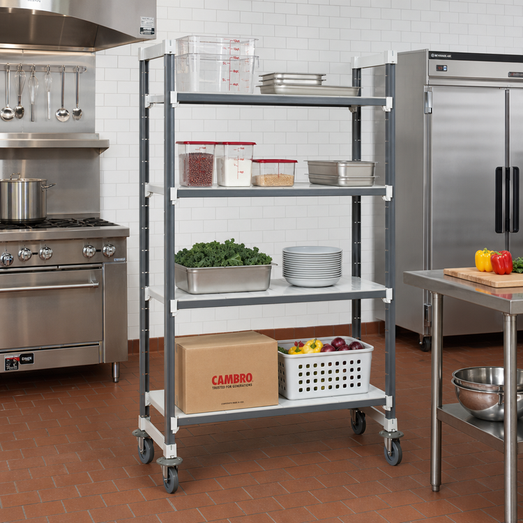 Product image #2 for Cambro Camshelving Elements XTRA 4-Tier High Density Mobile Starter Unit, 18 x 60 x 70-1/4 Inches, Solid Shelves, Speckled Gray