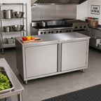 Thumbnail image #2 for John Boos 4CH6-3684 84" x 36" Stainless Steel Enclosed Work Table with Cabinet Base, Hinged Doors, 16-Gauge 300-Series Flat Top