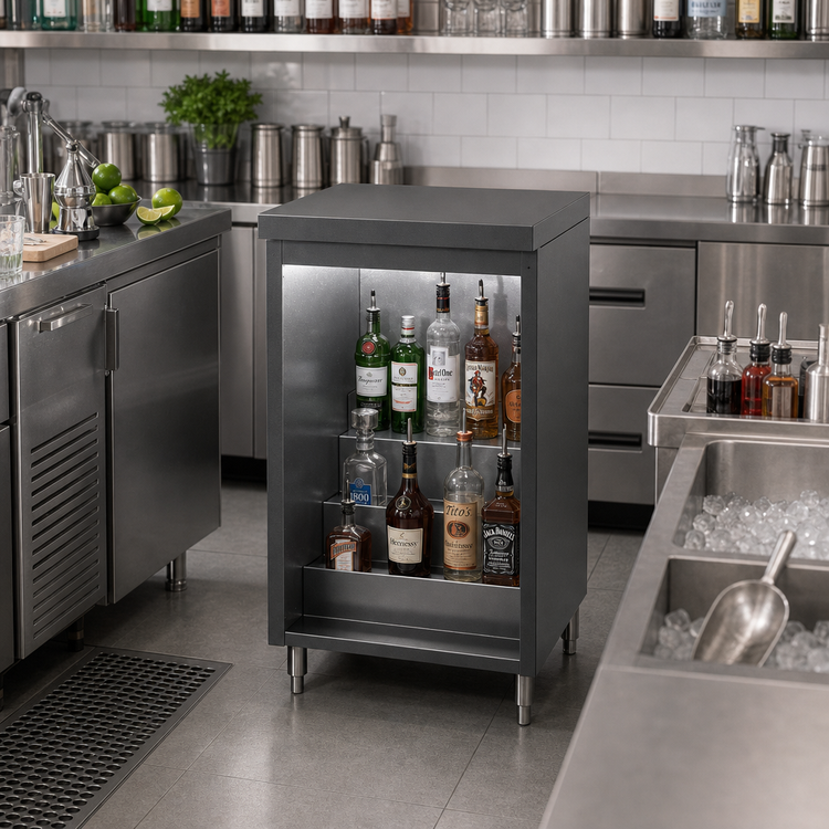 Product image #2 for Top Shelf 30-Inch Back Bar Liquor Step Cabinet, Flat Top, 4-Step Stainless Steel Display
