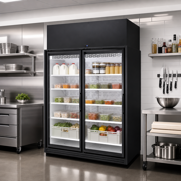 Product image #2 for True Two-Section Medium-Temp Self-Contained Glass Door Merchandiser, Black Exterior/White Interior, Left-End Finished