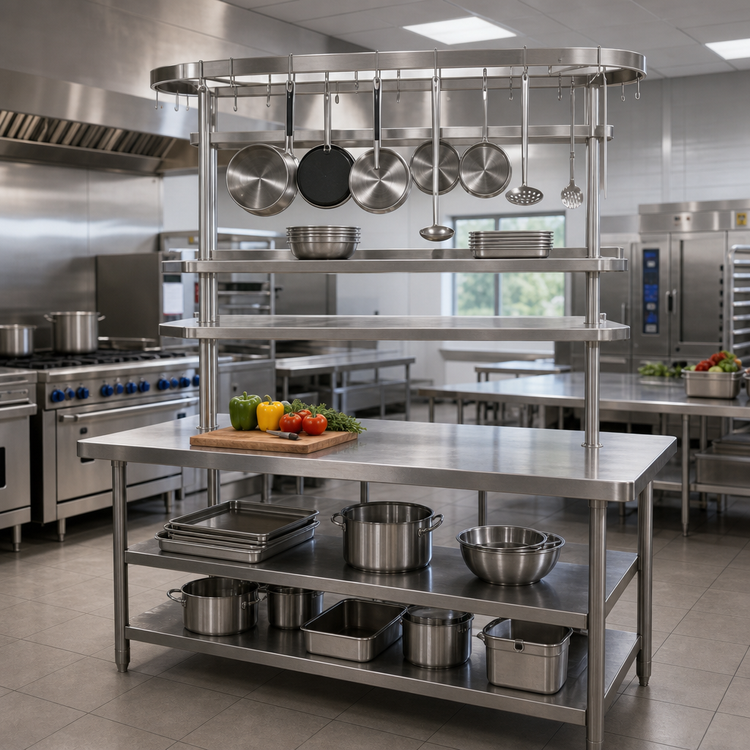 Product image #2 for Advance Tabco SCT-84 84-Inch Circular Table-Mounted Stainless Steel Pot Rack with 18 Hooks and Utensil Rack