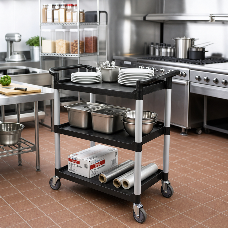 Product image #2 for Crestware Regular 3-Tier Poly Bus Cart, Black, 16-1/8 x 24-1/2 x 36 Inch, 265 lb. Capacity