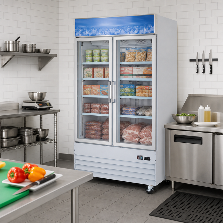 Product image #2 for Omcan Two-Section Reach-In Display Glass Door Freezer, 29 Cu. Ft., Self-Contained Bottom Mount