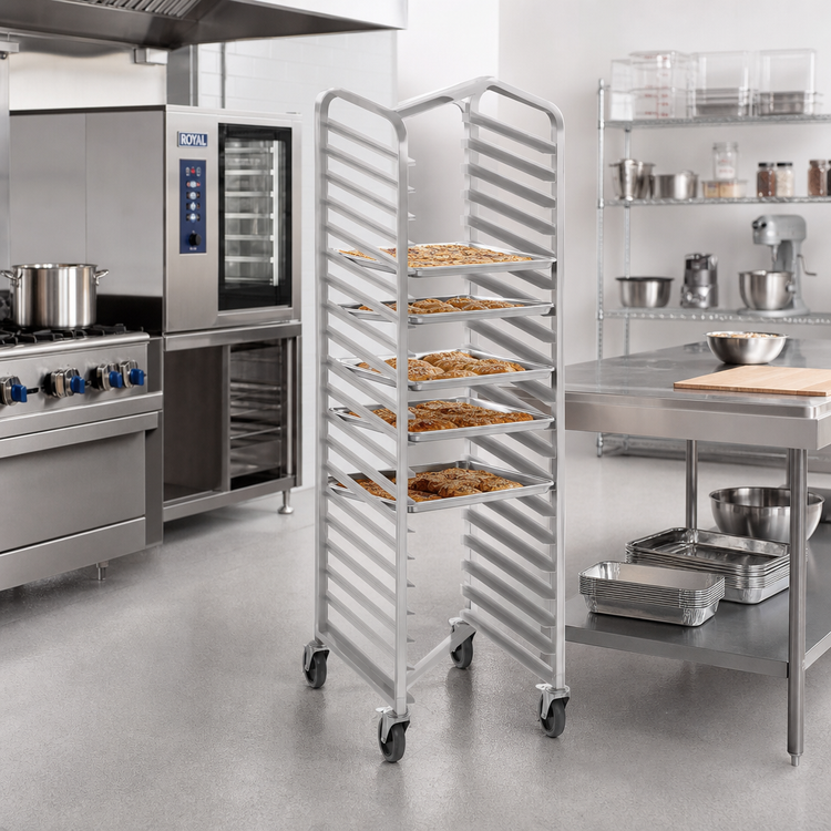 Product image #3 for Mobile Stainless Steel Nesting End-Load Bun Pan Rack, 20-Pan Capacity, 5-Inch Casters
