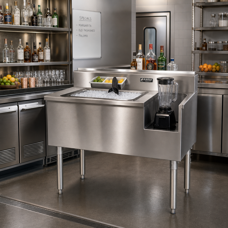 Product image #2 for Eagle 1800 Series 50-Inch Underbar Ice Bin/Cocktail Station with Center Ice Bin, 7-Circuit Cold Plate, and Right Blender Recess