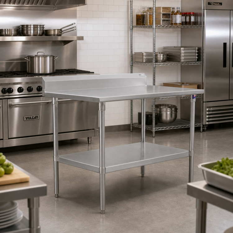 Product image #2 for John Boos Stallion 48-Inch x 30-Inch Stainless Steel Top Work Table with 5-Inch Backsplash and Fixed Undershelf