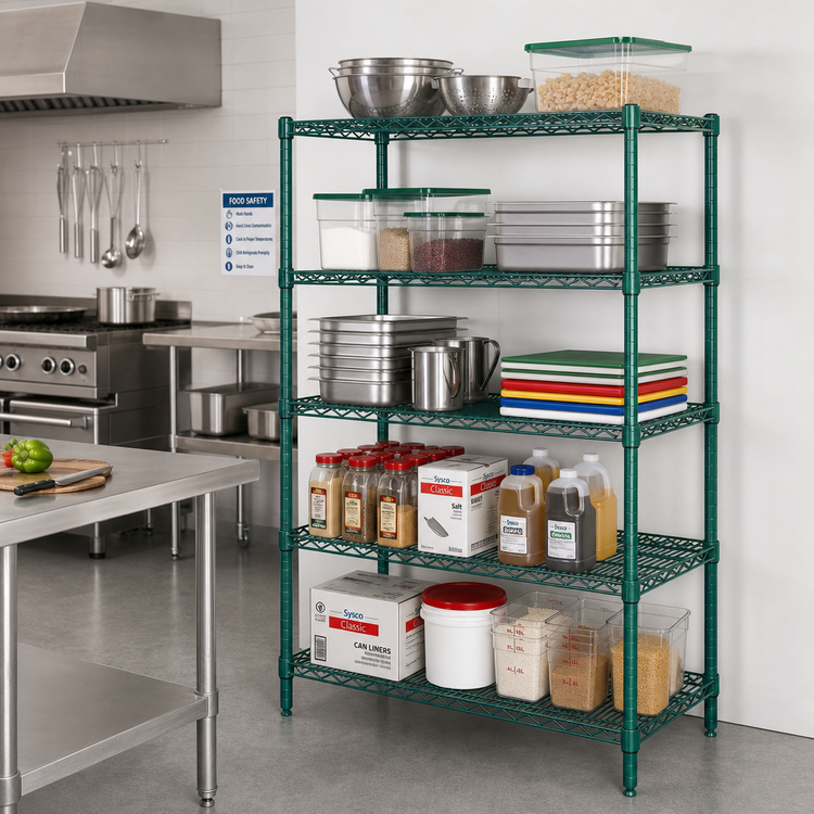 Product image #2 for Quantum 54 x 21 x 74 Inch Stationary Wire Shelving Starter Kit, 5 Shelves, Green Epoxy Antimicrobial, 600-800 lb Capacity