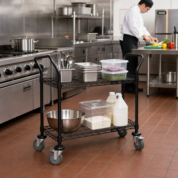 Product image #2 for Quantum Black Epoxy Antimicrobial Wire Utility Bus Cart with 2 Shelves, 36 x 18 Inches