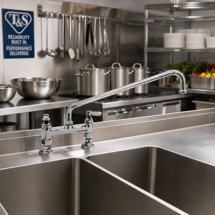 Product image #2 for T&S Brass Low-Lead Double Pantry Deck-Mount Mixing Faucet with 18-Inch Swing Nozzle and 8-Inch Centers