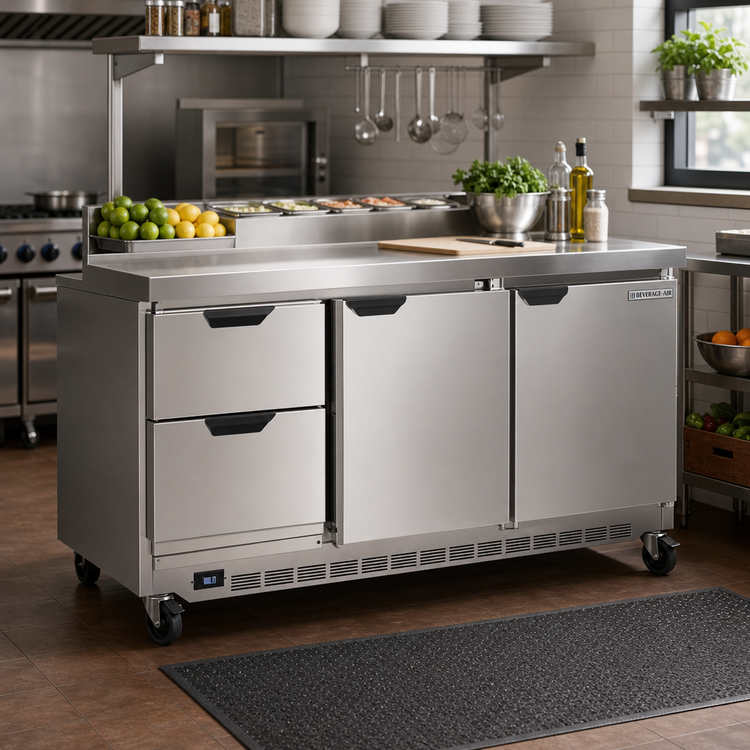 Product image #2 for Beverage-Air Three-Section Worktop Refrigerator with 2 Drawers and 2 Doors, 72 Inch, Stainless Steel, Rear-Mounted Self-Contained R290