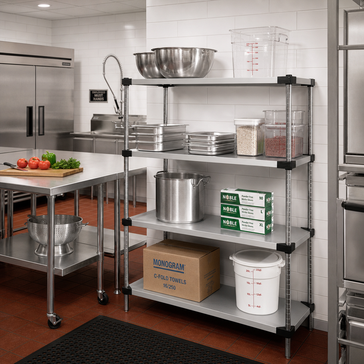 Product image #2 for Quantum 4-Shelf Stationary Solid Shelving Starter Kit, 60W x 24D x 63H, 304 Stainless Steel
