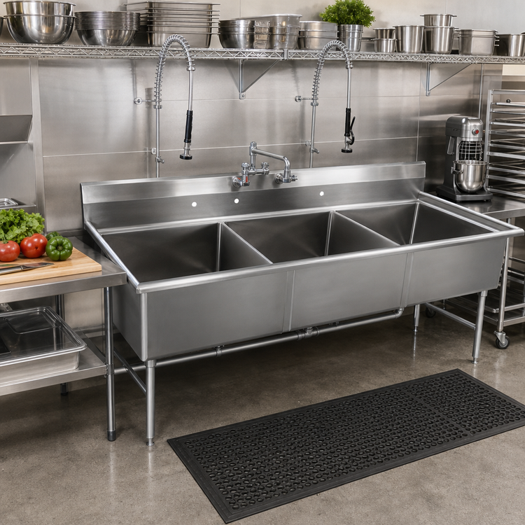 Product image #2 for Elite Heavy-Duty Three-Compartment Stainless Steel Sink Without Drainboards, 77-Inch Wide