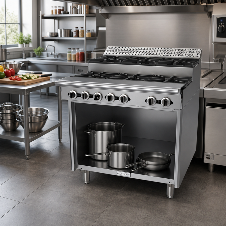 Product image #2 for Garland Cuisine Series Heavy Duty 36-Inch Natural Gas Step-Up Range with 6 Open Burners and Storage Base