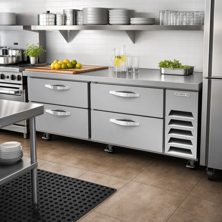 Product image #3 for Beverage-Air Four-Drawer Chef Base Refrigerator, 72-Inch Wide, Side-Mounted Self-Contained, R290