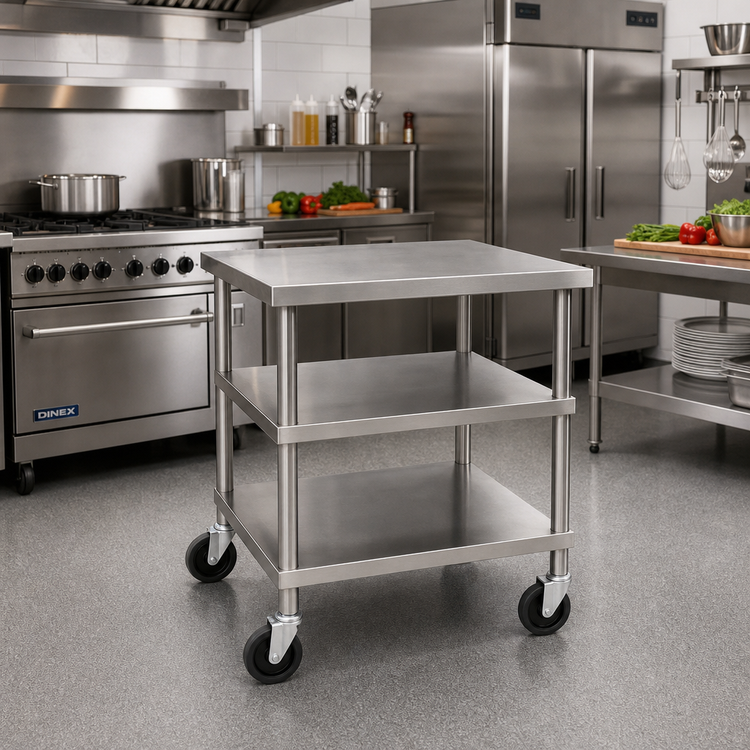 Product image #2 for Dinex 30 x 30-Inch Stainless Steel Utility Table with Open Base, 2 Shelves, and Casters