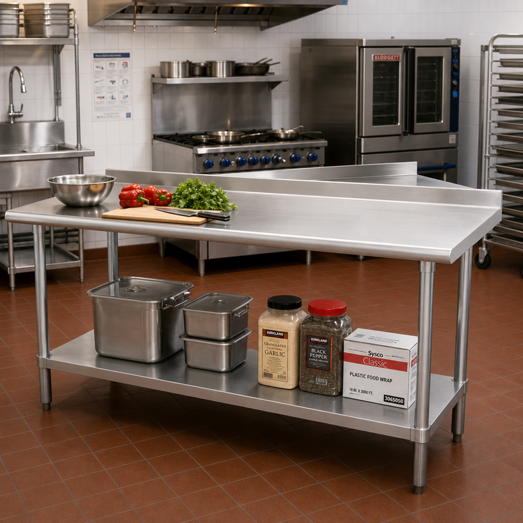 Product image #2 for Advance Tabco Special Value 84-Inch x 30-Inch Stainless Steel Work Table with 1-1/2-Inch Rear Backsplash and Undershelf