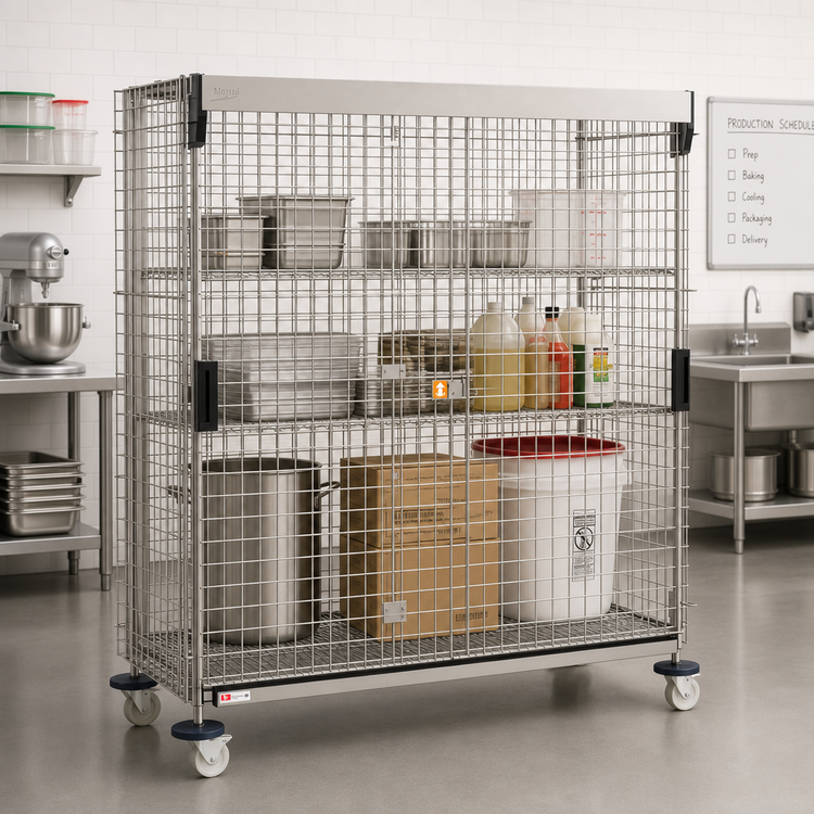 Product image #2 for Metro Super Erecta Stainless Steel Mobile Security Cage with Sliding Doors, 65 x 28-1/2 x 62 Inches