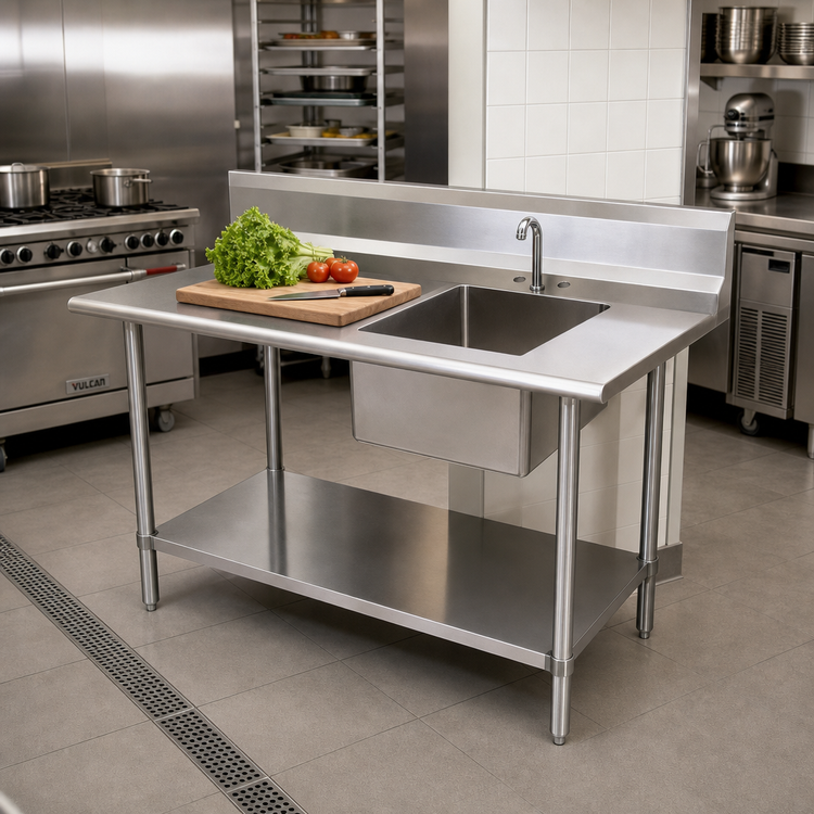 Product image #2 for 48 Inch x 24 Inch Stainless Steel Work Table with Right-Side Prep Sink and 5 Inch Backsplash