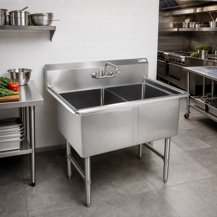 Product image #2 for John Boos B Series 2-Compartment Stainless Steel Commercial Sink with 10-Inch Boxed Backsplash