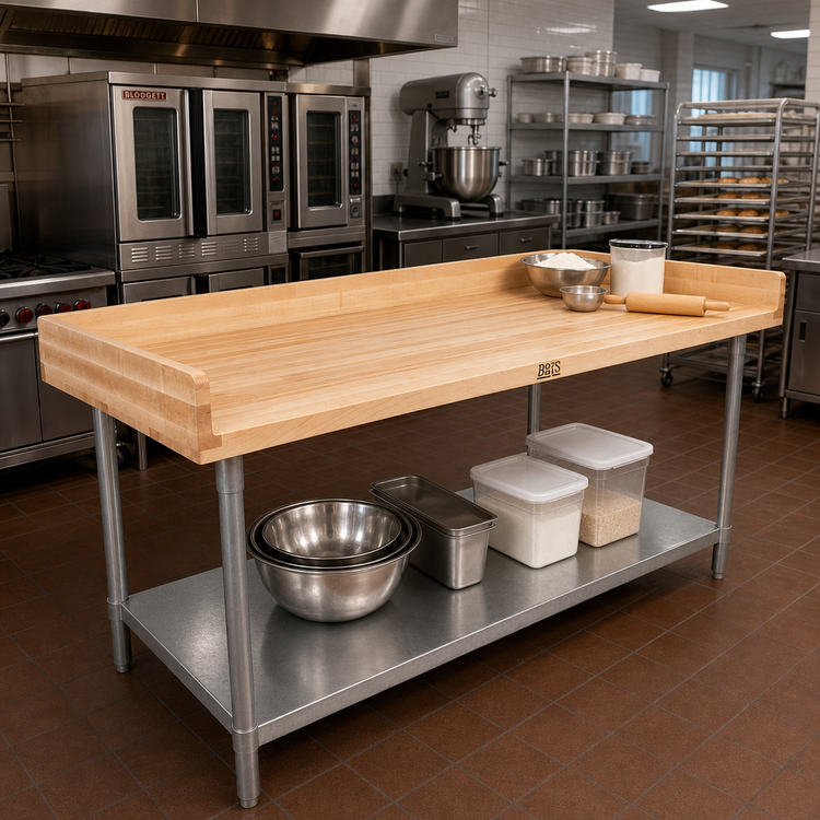 Product image #2 for John Boos DNS11A 108" x 30" Baker's Top Wood Work Table with Galvanized Base and Undershelf