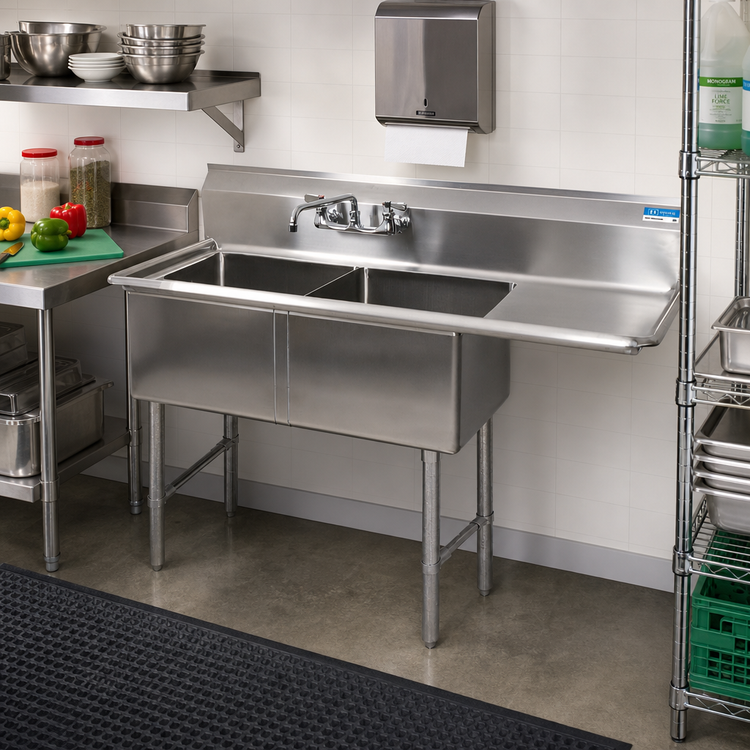 Product image #2 for BK Resources Two-Compartment Stainless Steel Sink with Right-Hand Drainboard, 18 x 18 x 14 Bowls