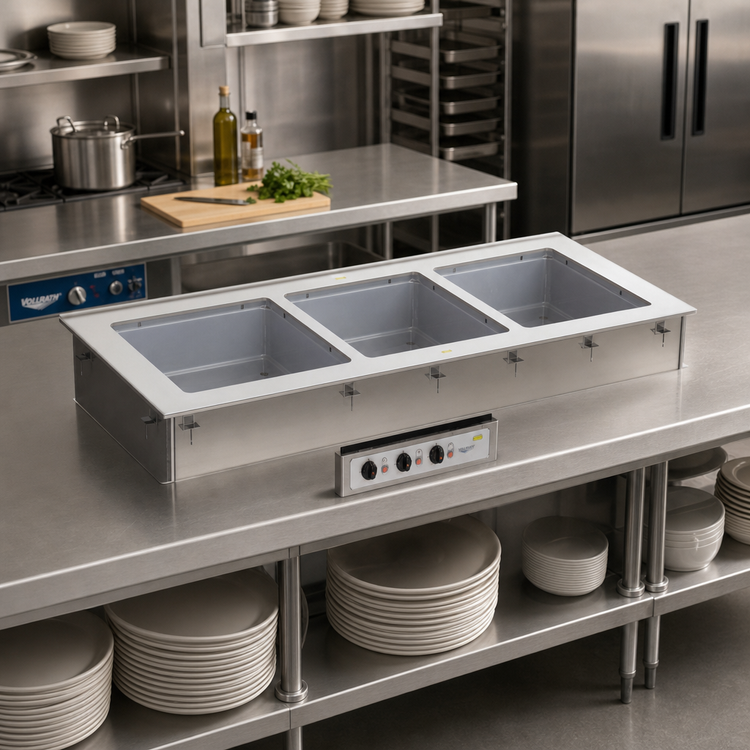 Product image #2 for Vollrath Short-Side 3-Pan Drop-In Hot Well with Marine-Grade 316 Stainless Wells, Thermostatic Controls, and Manifold Drain