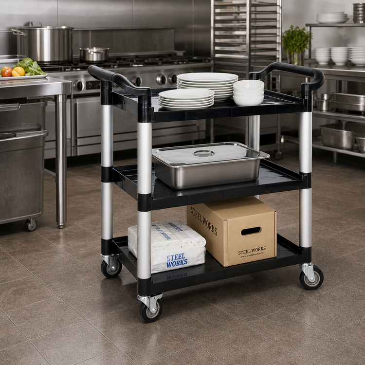 Product image #2 for Steel Works Stainless Three-Tier Bus Cart with Plastic Shelves and Braked Casters