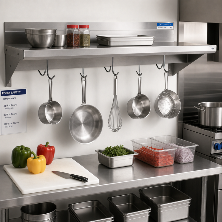 Product image #2 for BK Resources Premium Wall-Mounted Overshelf with Pot Rack, 96 Inch W x 12 Inch D