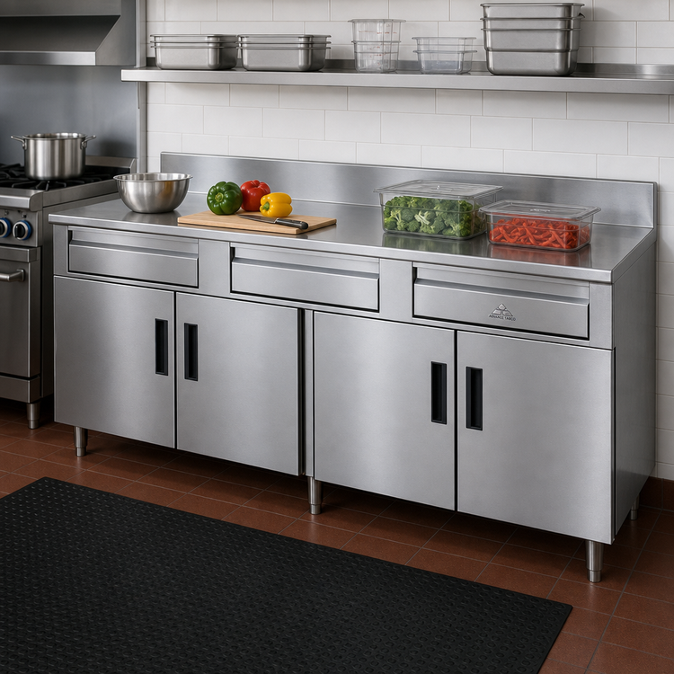 Product image #2 for Advance Tabco HDRC-305 60-Inch Stainless Steel Storage Cabinet Work Table with 5-Inch Backsplash, Drawers, and Hinged Doors