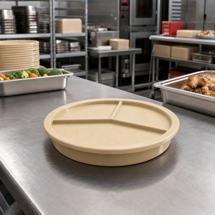 Product image #3 for Cambro Heat Keeper Camwear 9-1/2 Inch Diameter Beige Polycarbonate 3-Compartment Meal Delivery Base