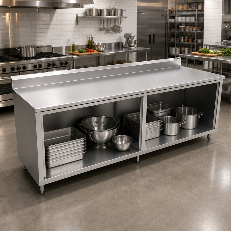 Product image #2 for John Boos 144-Inch Stainless Steel Work Table with Open Front Cabinet Base and 5-Inch Backsplash
