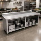 Thumbnail image #2 for John Boos 4CO6R5-30144 144-Inch Stainless Steel Work Table with Open Front Cabinet Base, 16-Gauge 300-Series Top and 5-Inch Backsplash
